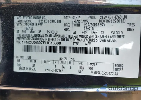 2015 Ford Escape Se from USA, damaged, VIN 1FMCU0G97FUB16668